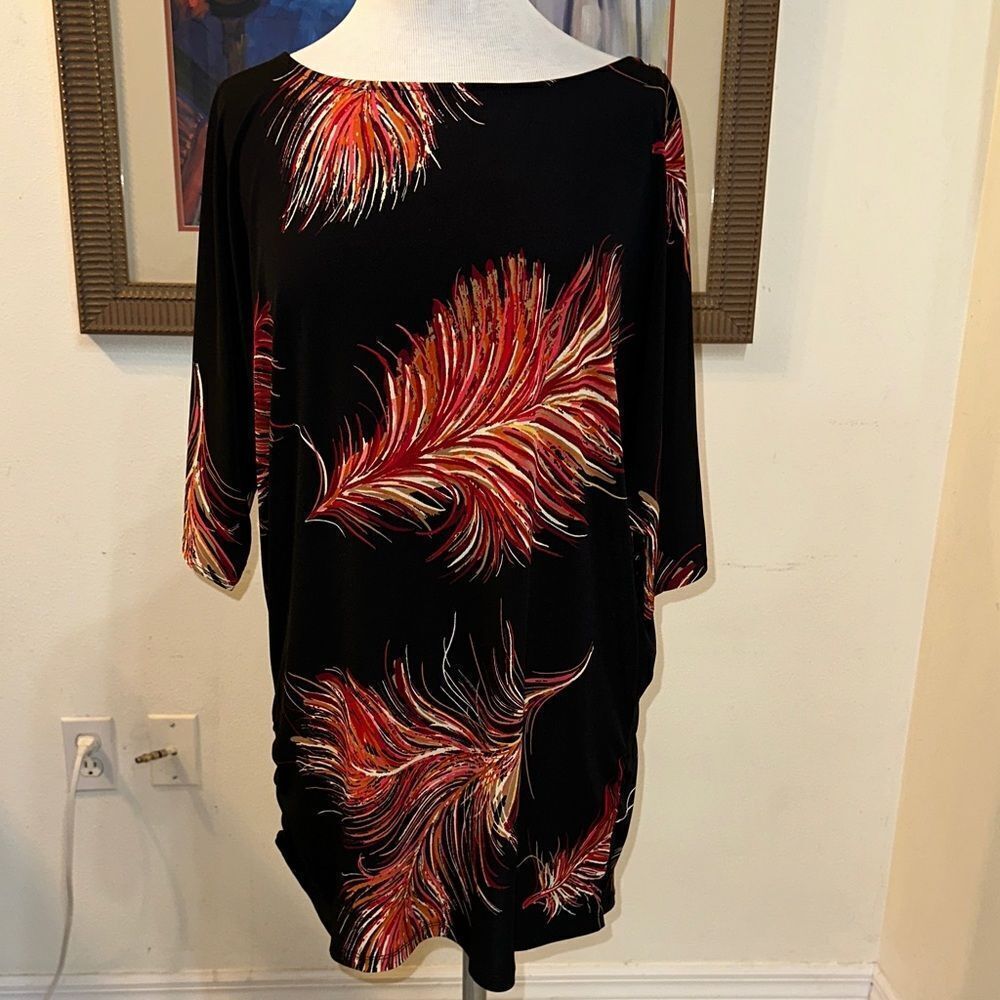 KASPER Black Tunic w/ Red Feather Print Design Size XL